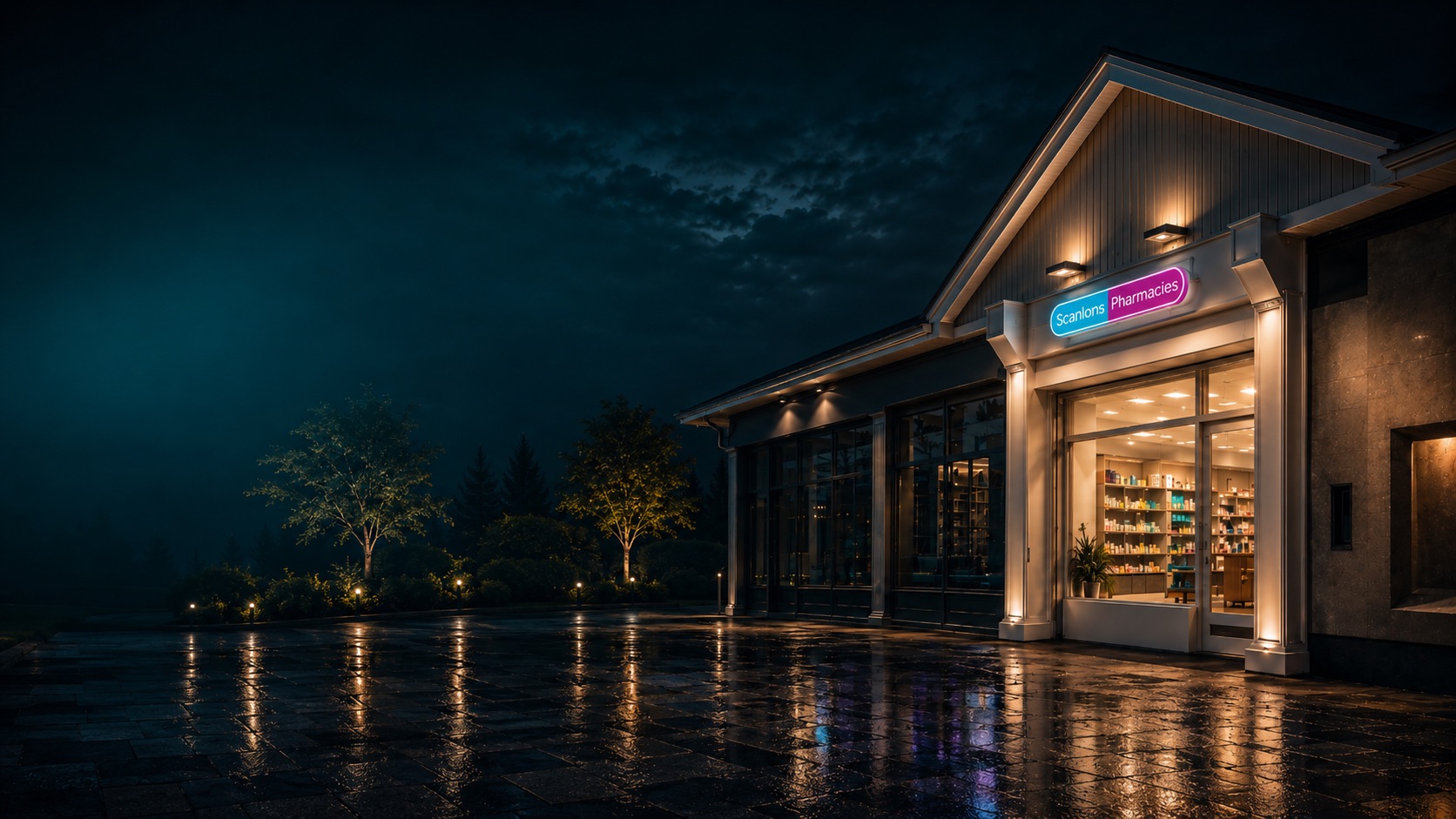 Scanlons Pharmacy storefront at night, with the illuminated Scanlons Pharmacies sign